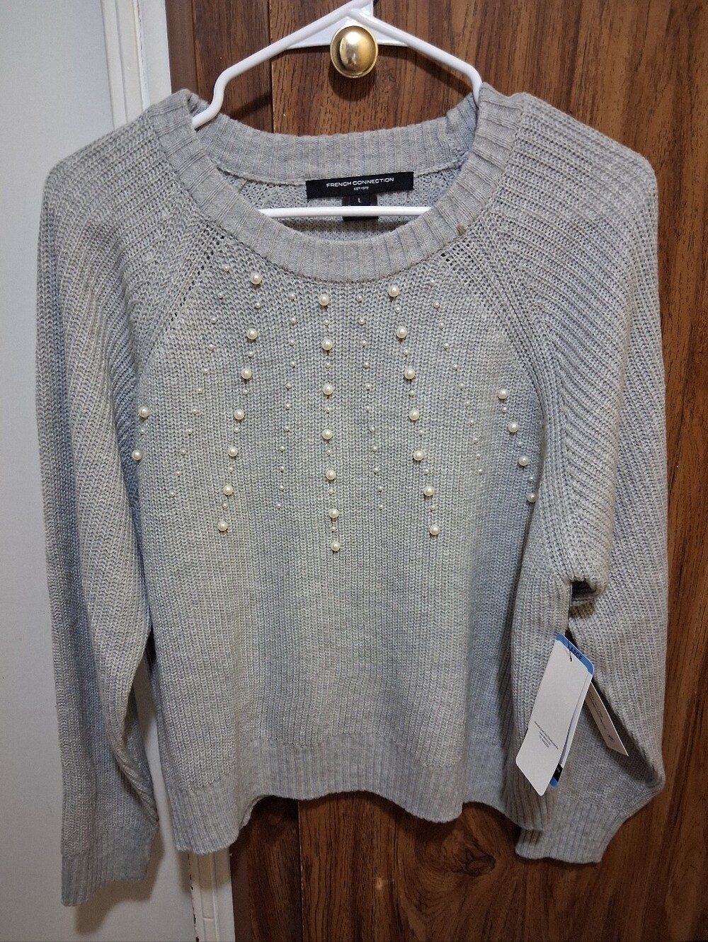French Connection Light Gray Crewneck Sweater with Pearl Accents